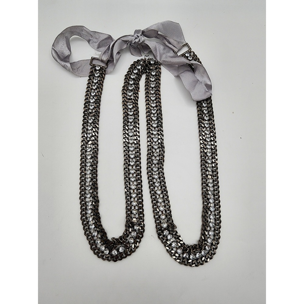 Gunmetal Curb Chain Rhinestone Ribbon Tie Belt Y2K Glam Grunge Edgy Statement